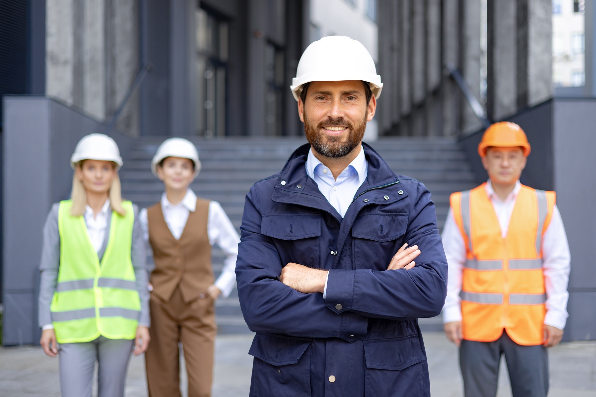 Confident construction manager with team in safety gear at modern building site